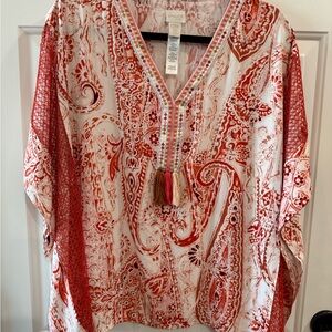Chico's Burnt Orange Paisley V-Neck Tassel Ruana